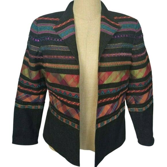 Coldwater Creek Blazer Statement Jacket Size 8 Black Plaid Striped Beaded NWT - Picture 1 of 8